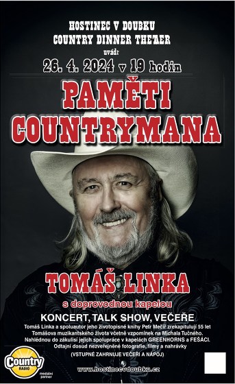 Plakát události Tomáš Linka - PAMĚTI COUNTRYMANA-Koncert, talkshow, večeře