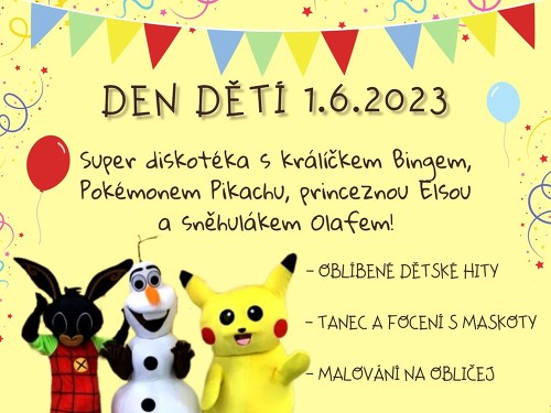 Plakát události Den dětí - diskotéka s Bingem, Elsou, Olafem a Pikachu