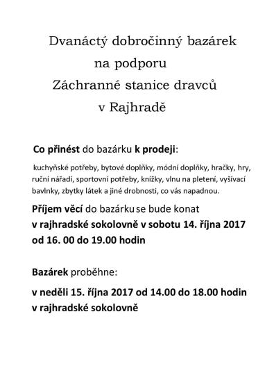 Plakát události Dobročinný bazárek na podporu Záchranné stanice dravců