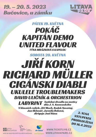 Plakát události Litava park: Jiří Korn, Richard Müller, Cigánski Diabli a další