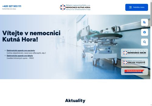 Webové stránky Oblastní nemocnice Kolín, a.s., nemocnice Středočeského kraje, Kutná Hora