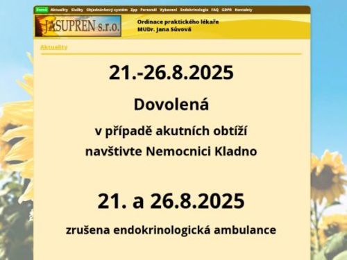 Praktický lékař pro dospělé a endokrinologie - JASUPREN - I. Všeobecná poliklinika Kladno - MUDr. Jana Sůvová