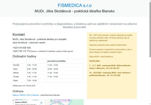 Zobrazit webové stránky Praktický lékař pro dospělé FISMEDICA s.r.o. - MUDr. Jitka Skotáková