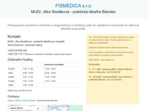 Praktický lékař pro dospělé FISMEDICA s.r.o. - MUDr. Jitka Skotáková