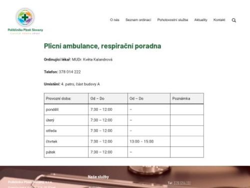 Plicní ambulance - MUDr. Květa Kalandrová (Poliklinika Slovany)